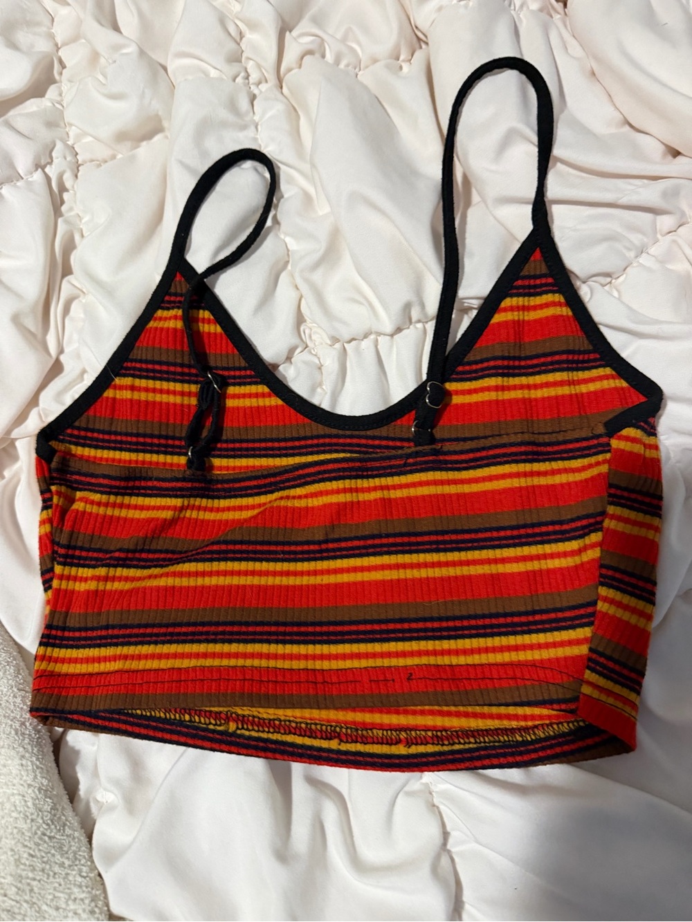 SHEIN Red, Orange & Yellow Striped Ribbed Crop Tank with Black Trim